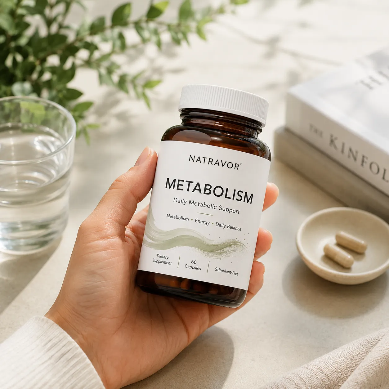 Hand holding a NATRAVOR METABOLISM daily metabolic support bottle.