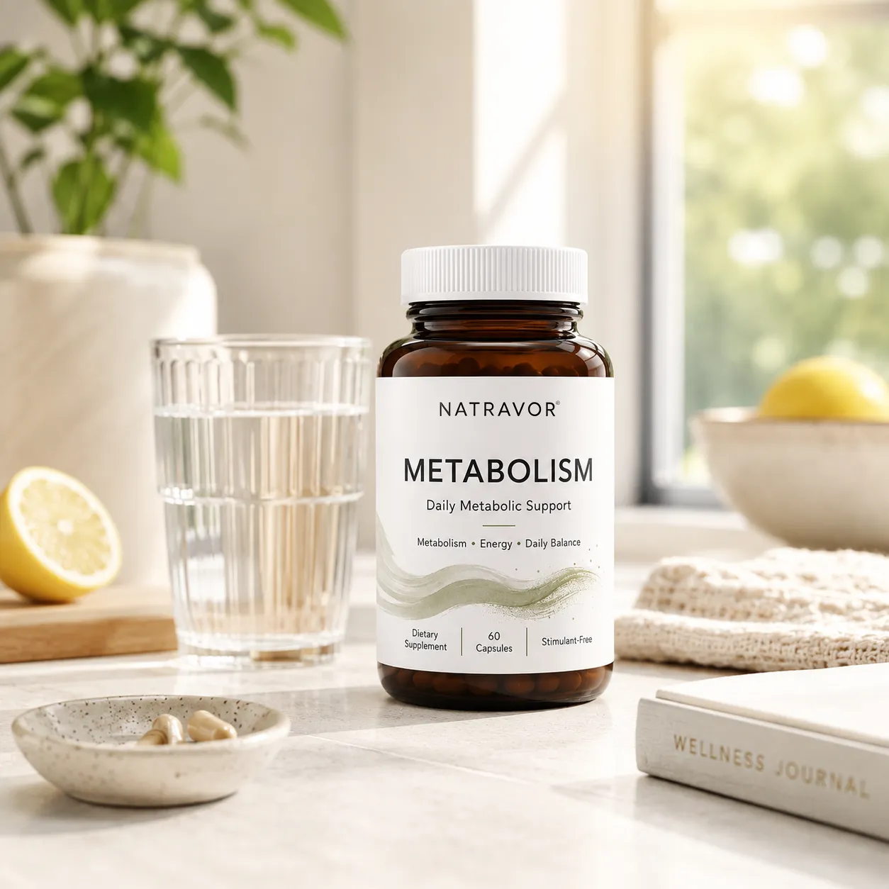NATRAVOR METABOLISM bottle on a bright wellness table with lemon water and capsules.